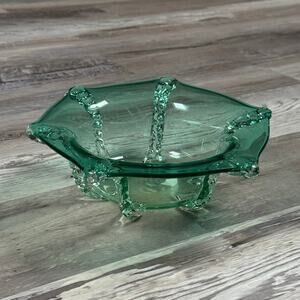 Vintage Signed Art Glass Bowl Green Sculptural Hand Blown Centerpiece